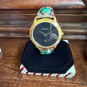 Fossil Gold-Tone Watch Black face native america turquoise Stone sterling silver